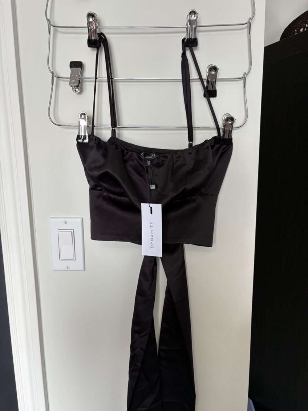 Dynamite Black Satin Tie-Front Crop Cami